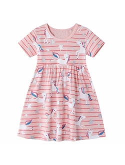 Little Girls Dress Casual Cotton Kids Unicorn Appliques Striped Jersey Dress 2-7 Years