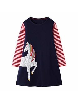 Little Girls Dress Casual Cotton Kids Unicorn Appliques Striped Jersey Dress 2-7 Years