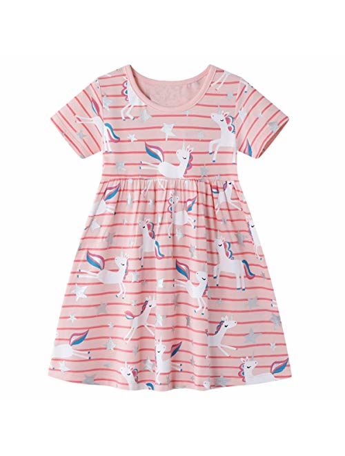 Little Girls Dress Casual Cotton Kids Unicorn Appliques Striped Jersey Dress 2-7 Years