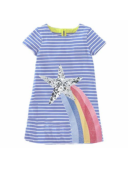 Little Girls Dress Casual Cotton Kids Unicorn Appliques Striped Jersey Dress 2-7 Years