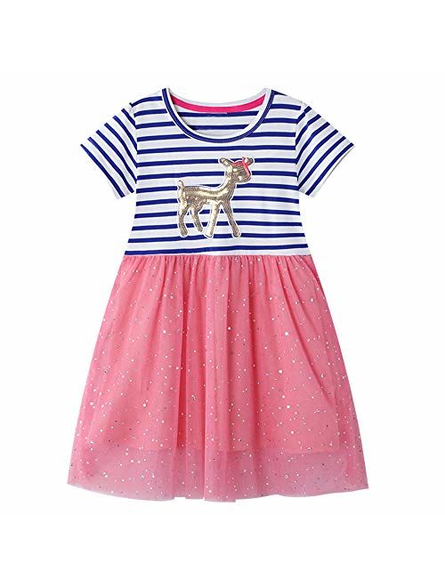 Little Girls Dress Casual Cotton Kids Unicorn Appliques Striped Jersey Dress 2-7 Years