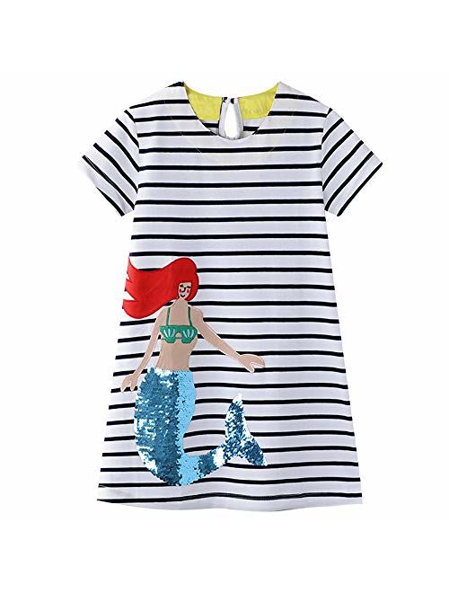 Little Girls Dress Casual Cotton Kids Unicorn Appliques Striped Jersey Dress 2-7 Years