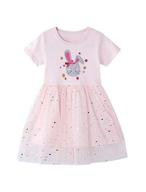 Little Girls Dress Casual Cotton Kids Unicorn Appliques Striped Jersey Dress 2-7 Years