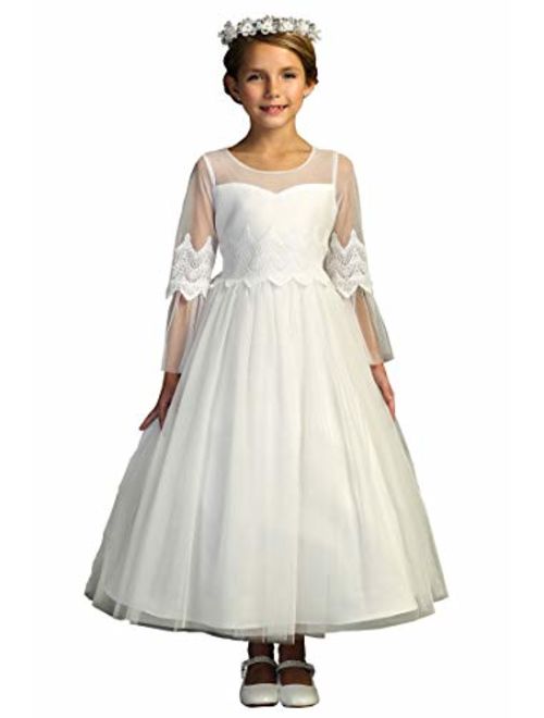 Girls' White First Communion Lace Tulle Half Sleeves Flower Girl Pageant Dress USA 2-24