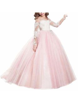 FYMNSI Flower Girls Lace Appliques Wedding Tulle Dress First Communion Long Sleeve Birthday Christmas Party Ball Gown 2-13T