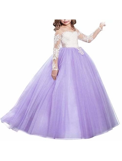 FYMNSI Flower Girls Lace Appliques Wedding Tulle Dress First Communion Long Sleeve Birthday Christmas Party Ball Gown 2-13T