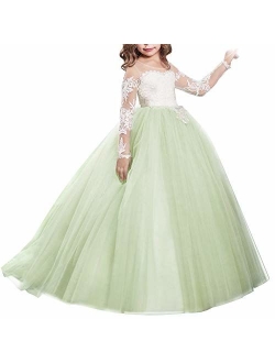 FYMNSI Flower Girls Lace Appliques Wedding Tulle Dress First Communion Long Sleeve Birthday Christmas Party Ball Gown 2-13T