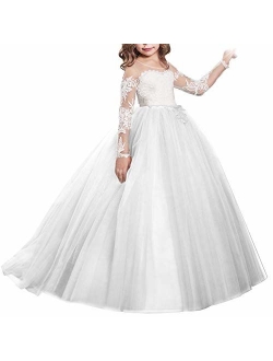 FYMNSI Flower Girls Lace Appliques Wedding Tulle Dress First Communion Long Sleeve Birthday Christmas Party Ball Gown 2-13T