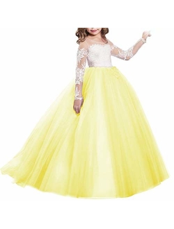 FYMNSI Flower Girls Lace Appliques Wedding Tulle Dress First Communion Long Sleeve Birthday Christmas Party Ball Gown 2-13T