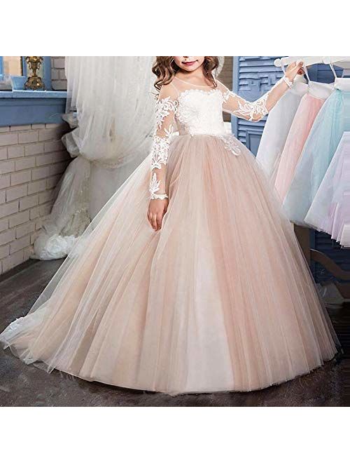 FYMNSI Flower Girls Lace Appliques Wedding Tulle Dress First Communion Long Sleeve Birthday Christmas Party Ball Gown 2-13T