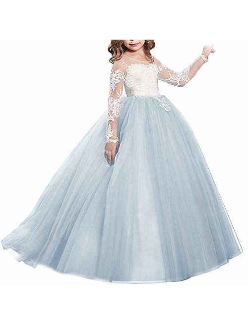 FYMNSI Flower Girls Lace Appliques Wedding Tulle Dress First Communion Long Sleeve Birthday Christmas Party Ball Gown 2-13T