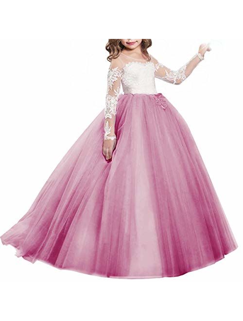 FYMNSI Flower Girls Lace Appliques Wedding Tulle Dress First Communion Long Sleeve Birthday Christmas Party Ball Gown 2-13T