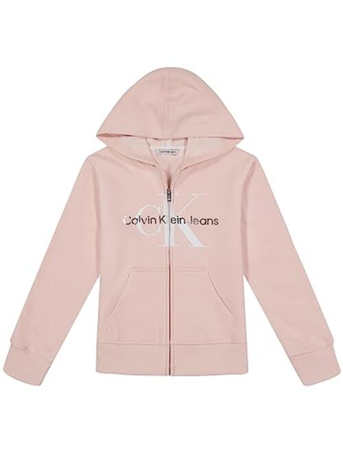 Calvin Klein Girls' Logo Sweatshirt, Fleece Hoodie with Full-Zip Front & Functional Pockets