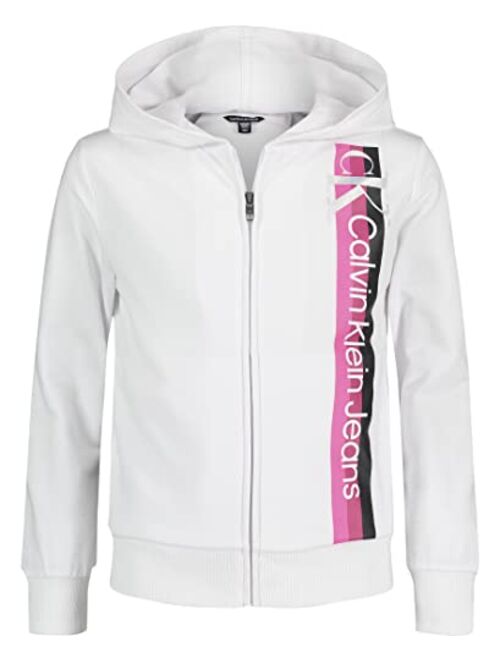 Calvin Klein Girls' Logo Sweatshirt, Fleece Hoodie with Full-Zip Front & Functional Pockets