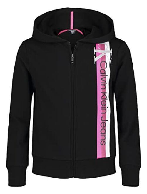 Calvin Klein Girls' Logo Sweatshirt, Fleece Hoodie with Full-Zip Front & Functional Pockets