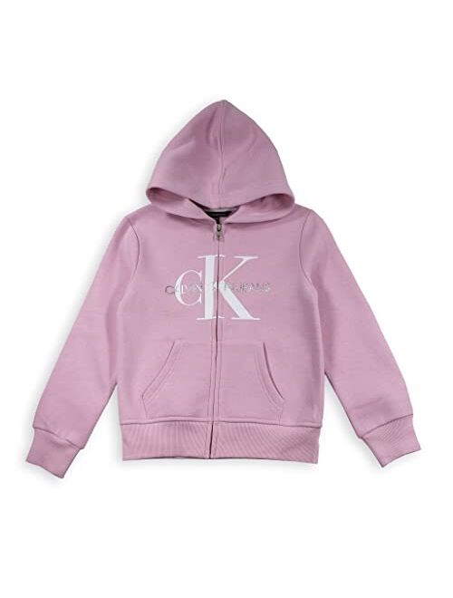 Calvin Klein Girls' Logo Sweatshirt, Fleece Hoodie with Full-Zip Front & Functional Pockets