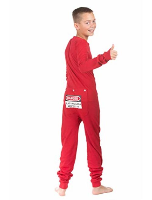 Red Union Suit Boys & Girls Kids Pajamas Danger Blast Area Sign on Rear, Kids 4-14