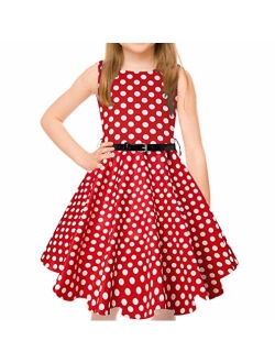 uideazone Girls Vintage Dress Sleeveless 50s Retro Swing Skirt for Cocktail Rockabilly Party Dresses with Belt 6-13 Years