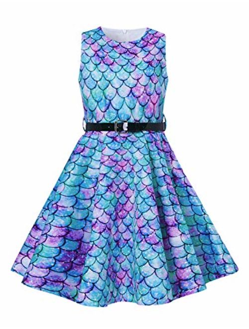 uideazone Girls Vintage Dress Sleeveless 50s Retro Swing Skirt for Cocktail Rockabilly Party Dresses with Belt 6-13 Years