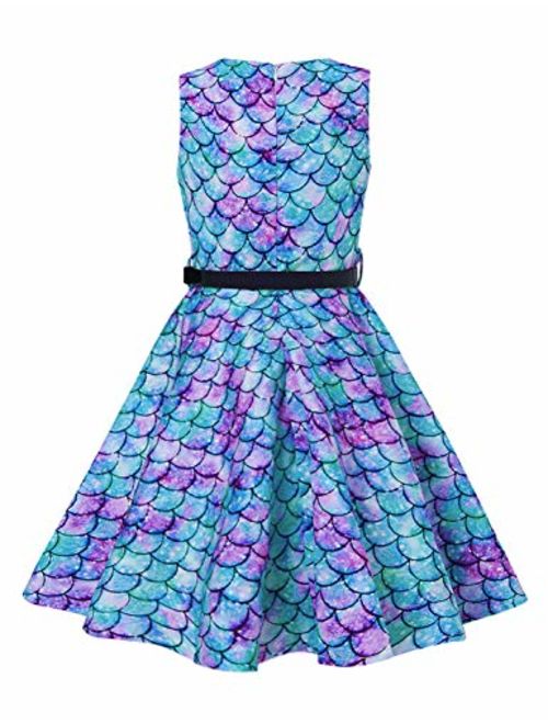 uideazone Girls Vintage Dress Sleeveless 50s Retro Swing Skirt for Cocktail Rockabilly Party Dresses with Belt 6-13 Years