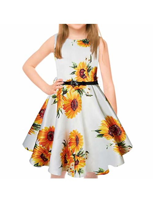 uideazone Girls Vintage Dress Sleeveless 50s Retro Swing Skirt for Cocktail Rockabilly Party Dresses with Belt 6-13 Years