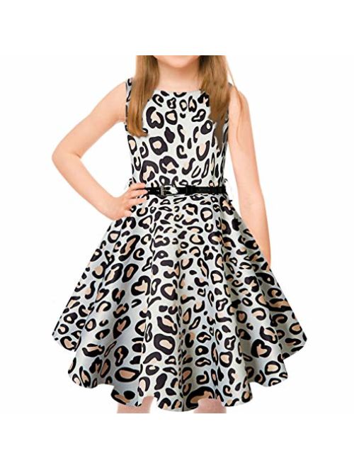 uideazone Girls Vintage Dress Sleeveless 50s Retro Swing Skirt for Cocktail Rockabilly Party Dresses with Belt 6-13 Years