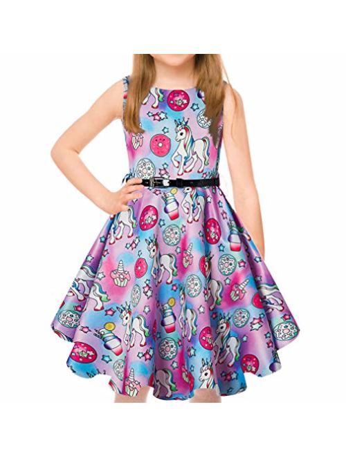 uideazone Girls Vintage Dress Sleeveless 50s Retro Swing Skirt for Cocktail Rockabilly Party Dresses with Belt 6-13 Years