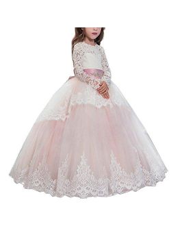 Flower Girl Lace up Long Sleeves Pageant Communion Long Dress Wedding Formal Party Maxi Gown