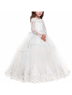 Flower Girl Lace up Long Sleeves Pageant Communion Long Dress Wedding Formal Party Maxi Gown