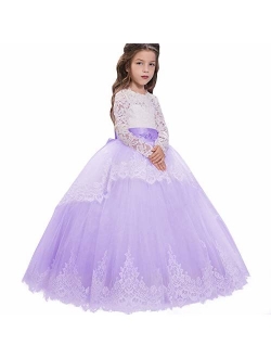 Flower Girl Lace up Long Sleeves Pageant Communion Long Dress Wedding Formal Party Maxi Gown