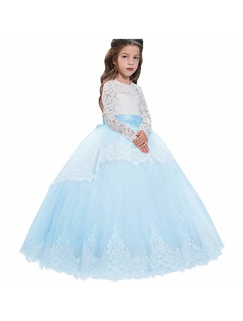 Flower Girl Lace up Long Sleeves Pageant Communion Long Dress Wedding Formal Party Maxi Gown