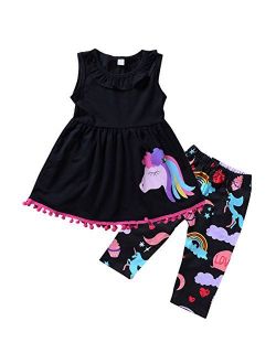 2-7T Toddler Girls Pony Sleeveless Shirt Tops Cropped Pants Outfits Clothes Set(5-6T, Black)