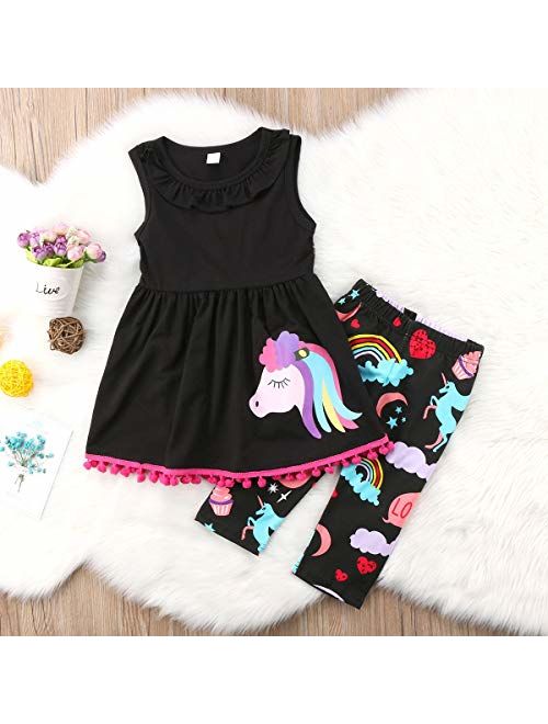 2-7T Toddler Girls Pony Sleeveless Shirt Tops Cropped Pants Outfits Clothes Set(5-6T, Black)