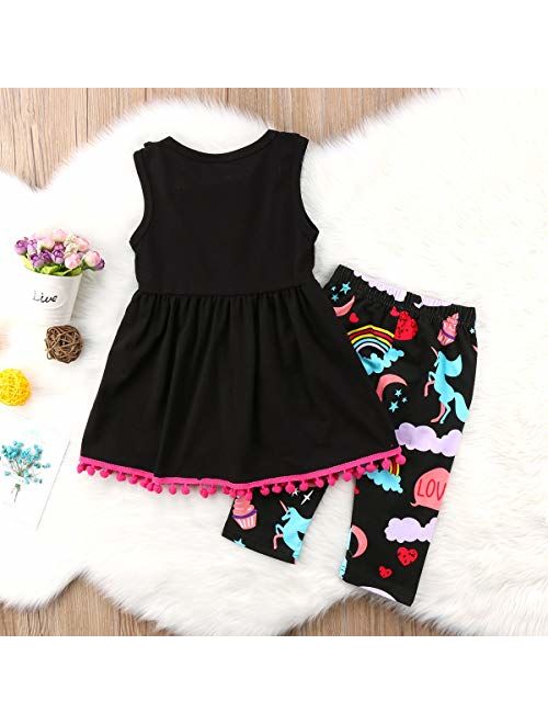 2-7T Toddler Girls Pony Sleeveless Shirt Tops Cropped Pants Outfits Clothes Set(5-6T, Black)