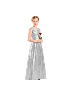 Long Junior Bridesmaid Dress, Sequin Flower Girl Dress Formal Wedding Party Pageant Maxi Dress Dance Ball Gown