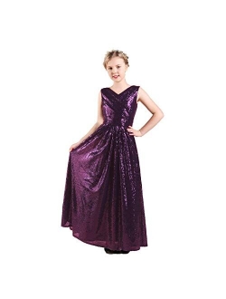 Long Junior Bridesmaid Dress, Sequin Flower Girl Dress Formal Wedding Party Pageant Maxi Dress Dance Ball Gown