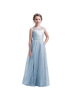 Long Junior Bridesmaid Dress, Sequin Flower Girl Dress Formal Wedding Party Pageant Maxi Dress Dance Ball Gown