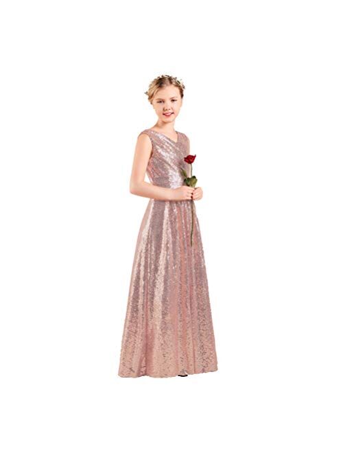 Long Junior Bridesmaid Dress, Sequin Flower Girl Dress Formal Wedding Party Pageant Maxi Dress Dance Ball Gown