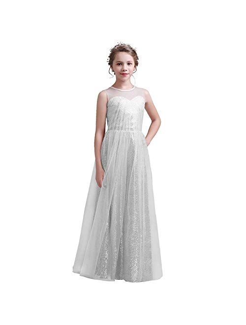 Long Junior Bridesmaid Dress, Sequin Flower Girl Dress Formal Wedding Party Pageant Maxi Dress Dance Ball Gown