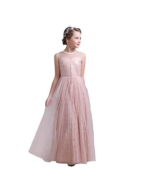 Long Junior Bridesmaid Dress, Sequin Flower Girl Dress Formal Wedding Party Pageant Maxi Dress Dance Ball Gown