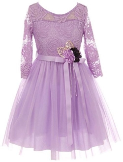 Long Sleeve Girls Dress Floral Lace Roses Corsage Christmas Flower Girl Dress