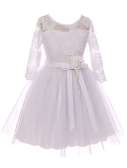 Long Sleeve Girls Dress Floral Lace Roses Corsage Christmas Flower Girl Dress