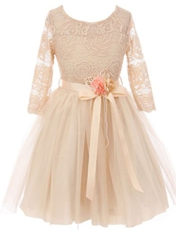 Long Sleeve Girls Dress Floral Lace Roses Corsage Christmas Flower Girl Dress