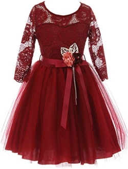 Long Sleeve Girls Dress Floral Lace Roses Corsage Christmas Flower Girl Dress