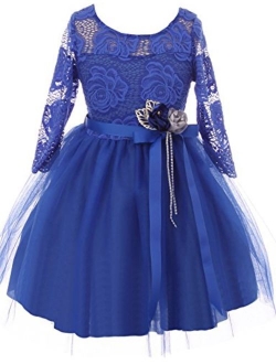 Long Sleeve Girls Dress Floral Lace Roses Corsage Christmas Flower Girl Dress