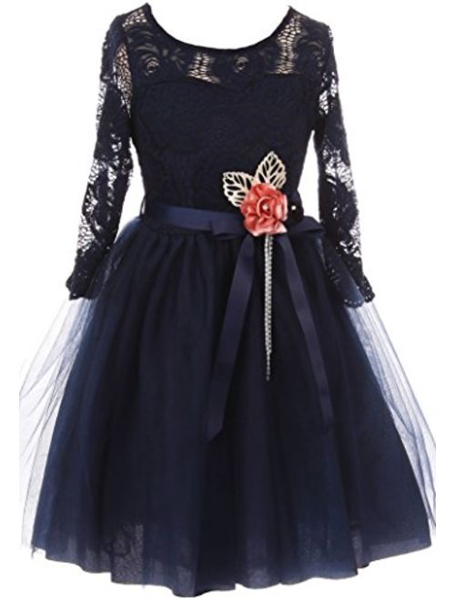 Long Sleeve Girls Dress Floral Lace Roses Corsage Christmas Flower Girl Dress