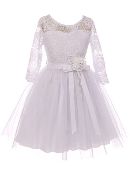 Long Sleeve Girls Dress Floral Lace Roses Corsage Christmas Flower Girl Dress