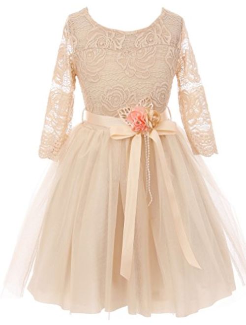 Long Sleeve Girls Dress Floral Lace Roses Corsage Christmas Flower Girl Dress