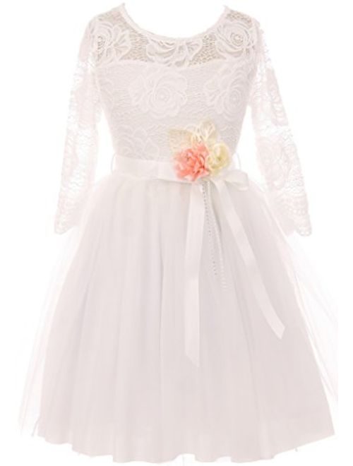 Long Sleeve Girls Dress Floral Lace Roses Corsage Christmas Flower Girl Dress