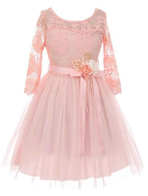 Long Sleeve Girls Dress Floral Lace Roses Corsage Christmas Flower Girl Dress